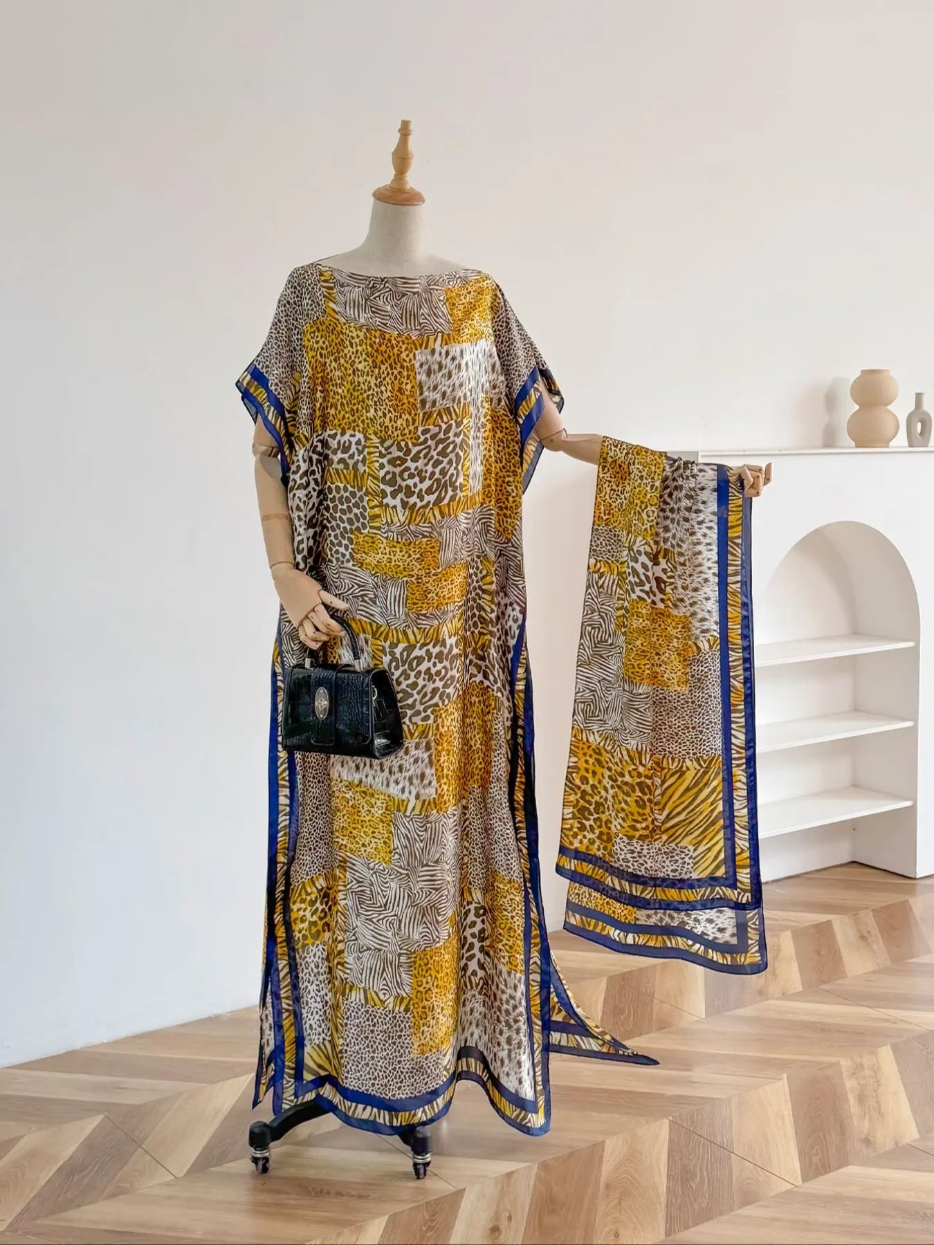 Women'S Leopard Print Long Sleeve Kimono & Scarf Set, Casual Open Front Outerwear & Shawl, Ladies Clothes for Beach Vacation, Beach Swimsuit Coverup, Womenswear, Leopard Pattern