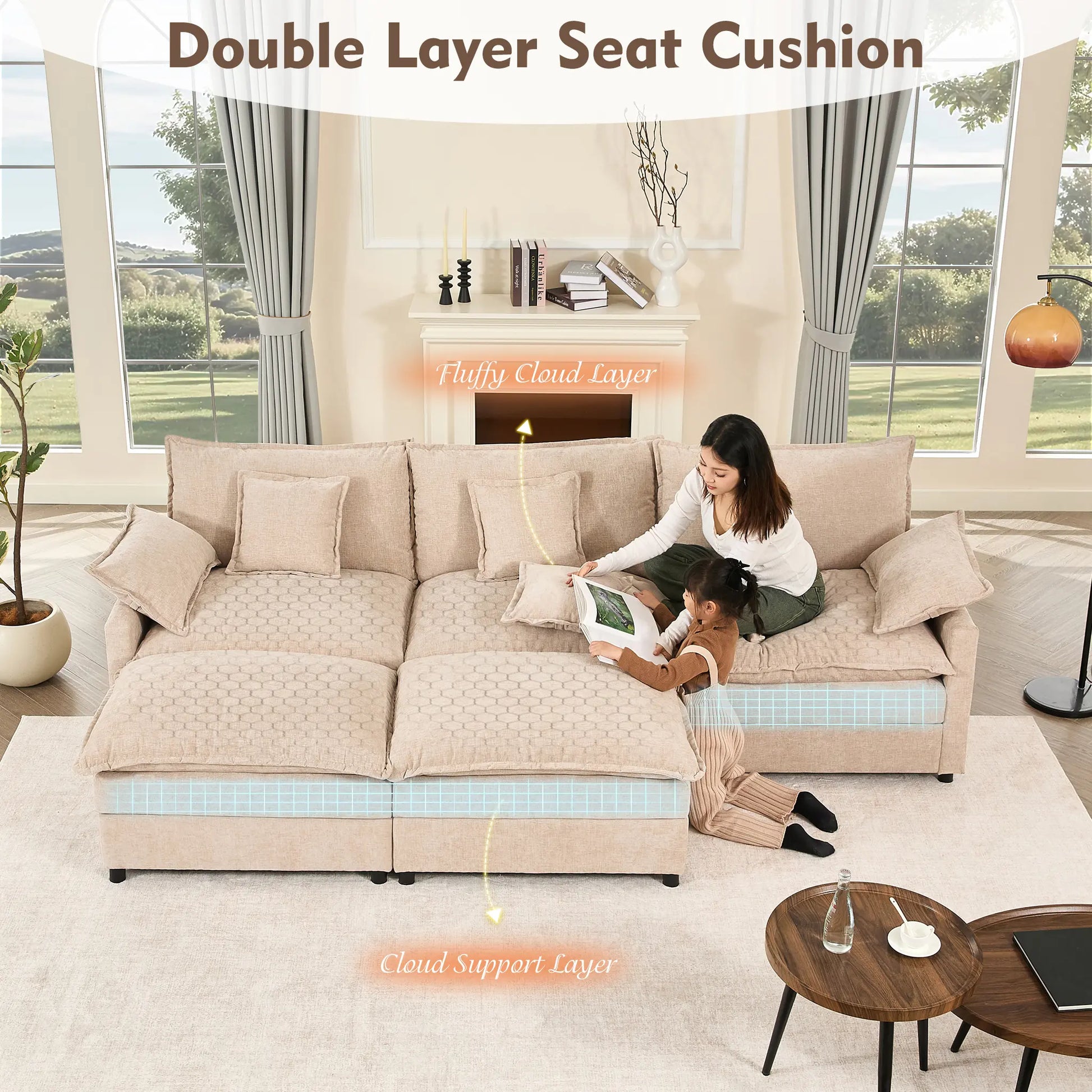 【2 Packages Shipping】Gosuhi 108" U-Shaped Modular Sectional Sofa - Comfy Cloud 3-Seater with 2 Movable Ottoman, Cloud Sofa,Deep Seat Linen Couch for Living Room, Beige Color ,Comfort & Stylish Design,Chenille Pink