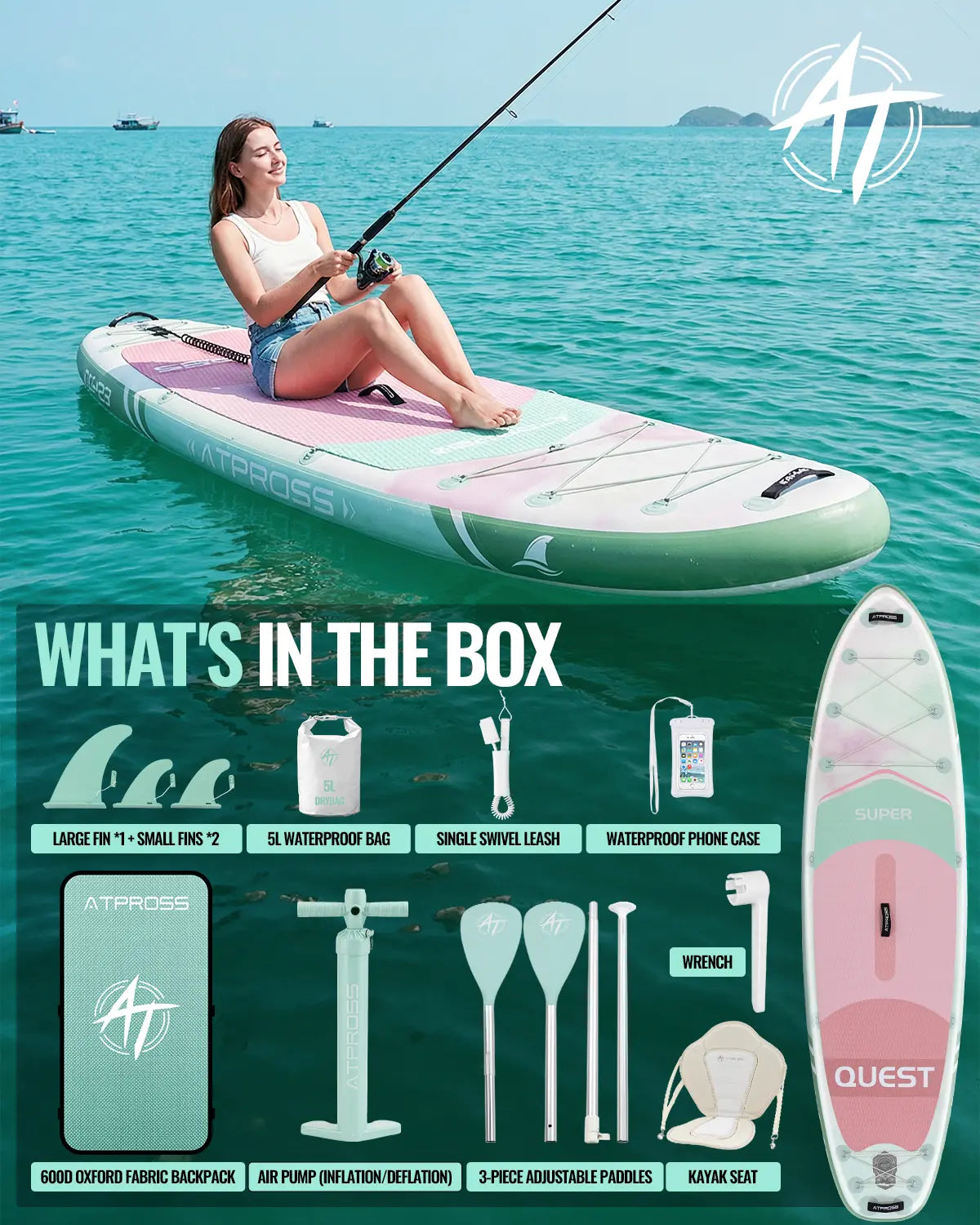 Summervibe 10'6'' X 33'' Extra Wide Inflatable Paddle Board with Kayak Seat, 400LBS Capacity Stable SUP Board, Non-Slip EVA Deck, Complete Accessories Kit for Adults, Beginners, Yoga, Fishing & Family Fun,Atpross Adventure Water