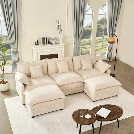 【2 Packages Shipping】Gosuhi 108" U-Shaped Modular Sectional Sofa - Comfy Cloud 3-Seater with 2 Movable Ottoman, Cloud Sofa,Deep Seat Linen Couch for Living Room, Beige Color ,Comfort & Stylish Design,Chenille Pink