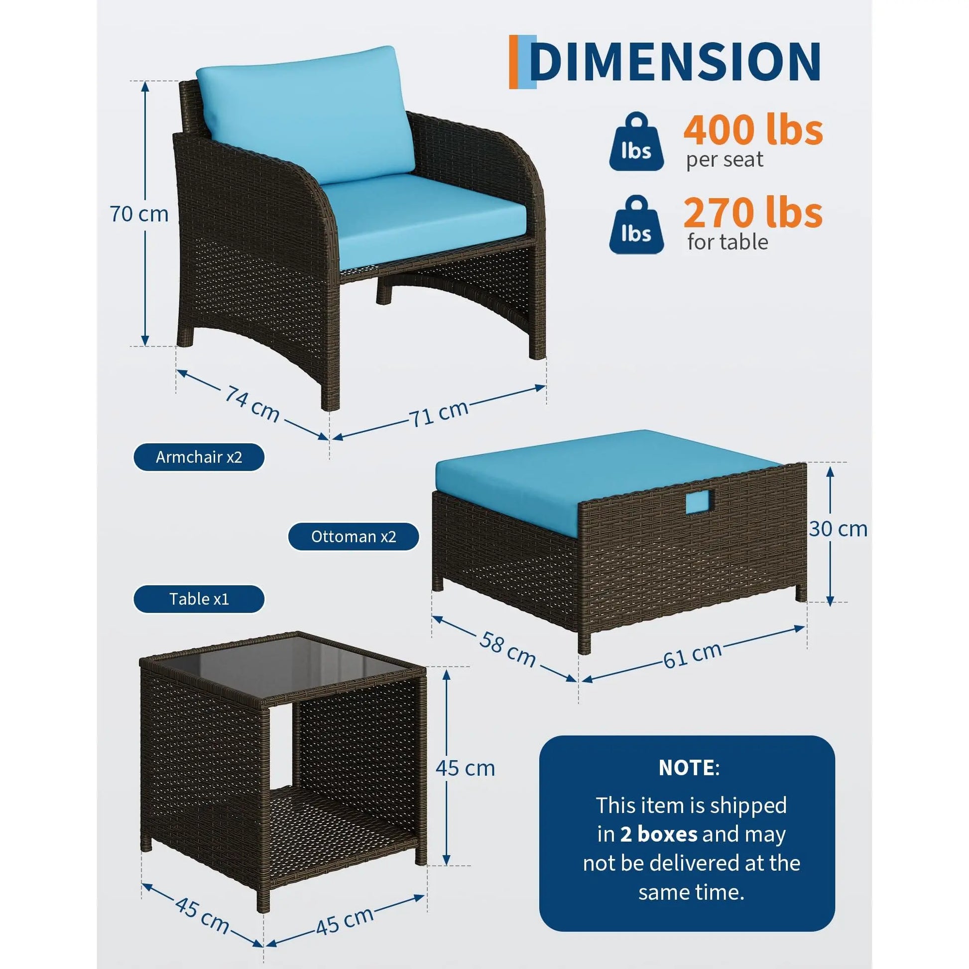 5-Piece Outdoor Patio Sofa Set - PE Rattan Wicker Conversation Furniture with Tempered Glass Coffee Table, Cushioned Chairs & Ottomans, Waterproof Soft Cushions for Garden, Backyard, Balcony, Porch
