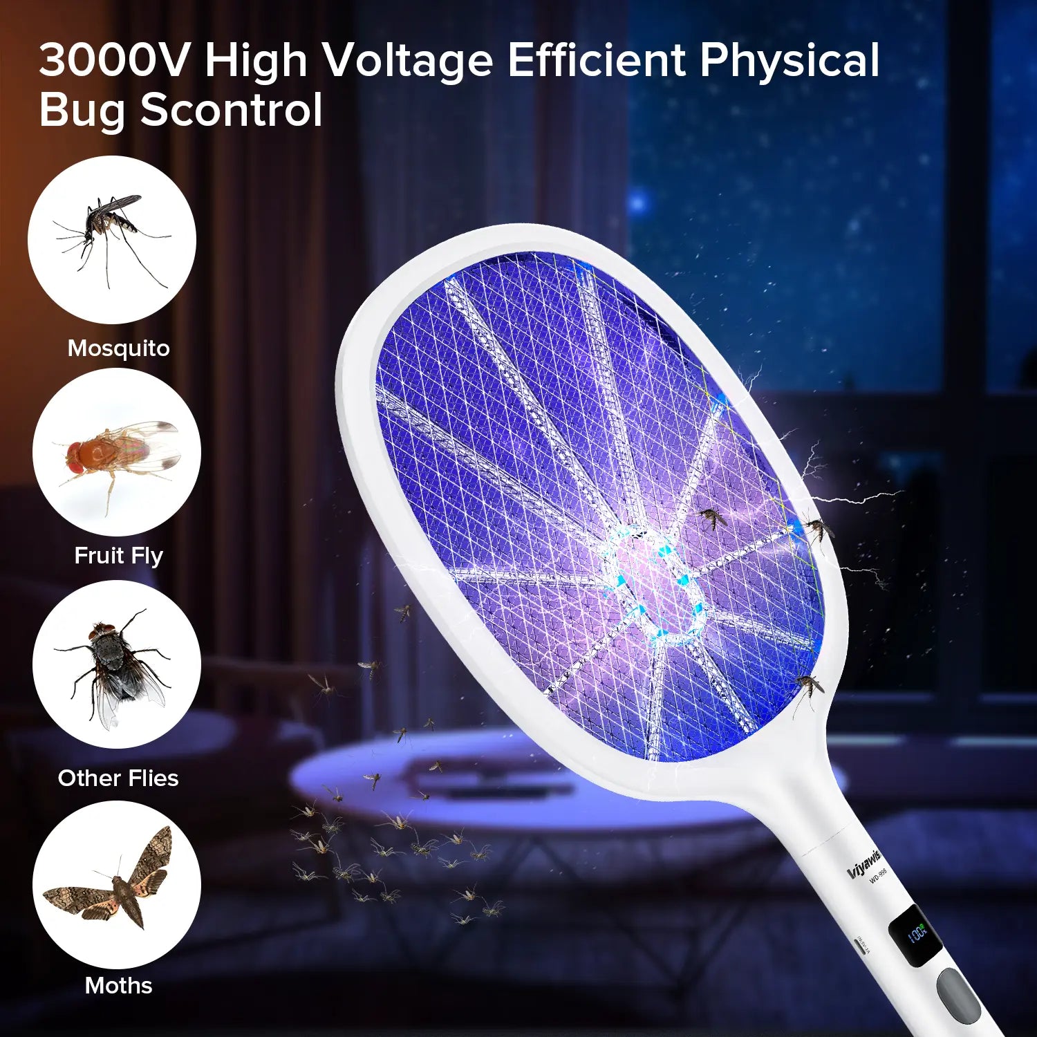 Viyawise Outdoorfun Powerful Bug Zapper Indoor & Outdoor - 10-LED Mosquito Zapper with Large Mesh, Rechargeable Gnat Killer, LED Display & Safe Fly Swatter for Home Use